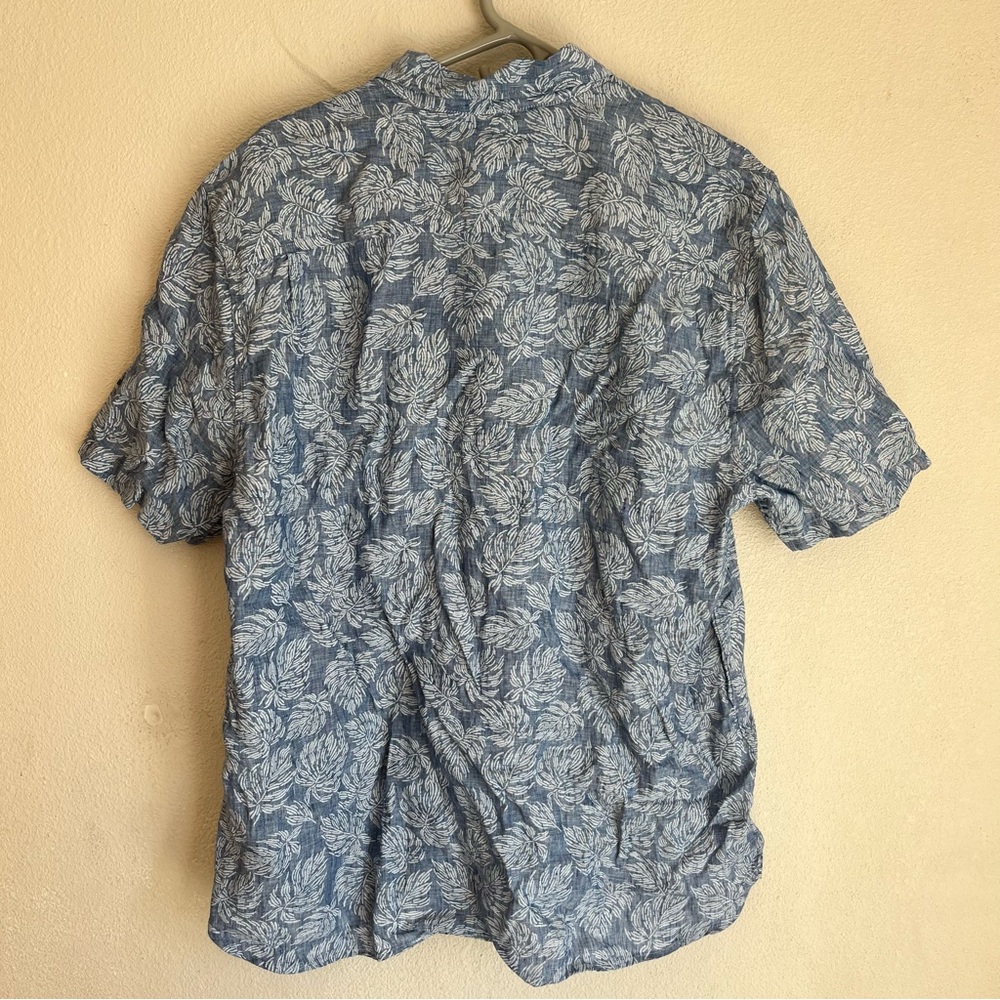 Outerknown Shirt Mens Large Blue Brown Short Sleeve Button Up Leaves Linen - Picture 6 of 7